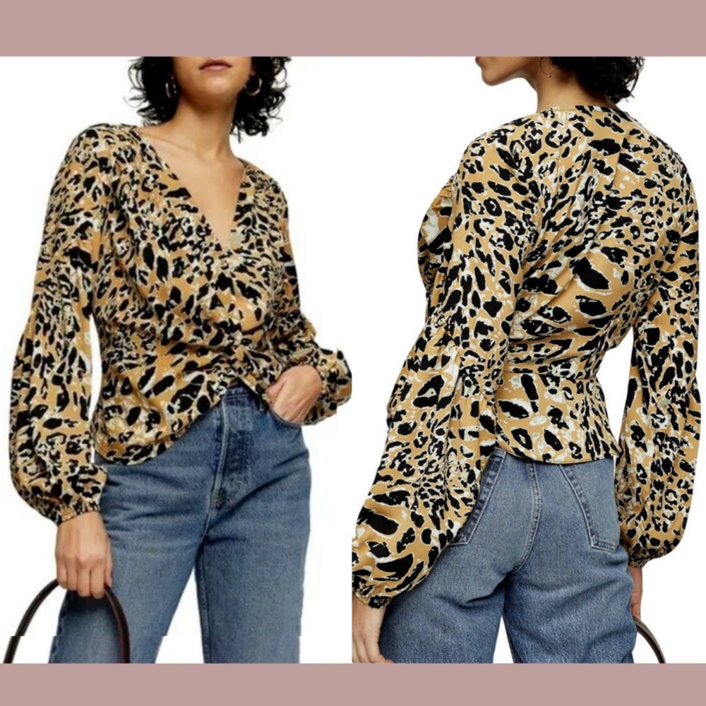 NWT Topshop [‎ 6 US  ] Twist Front Long Sleeve Top in Leopard Tan